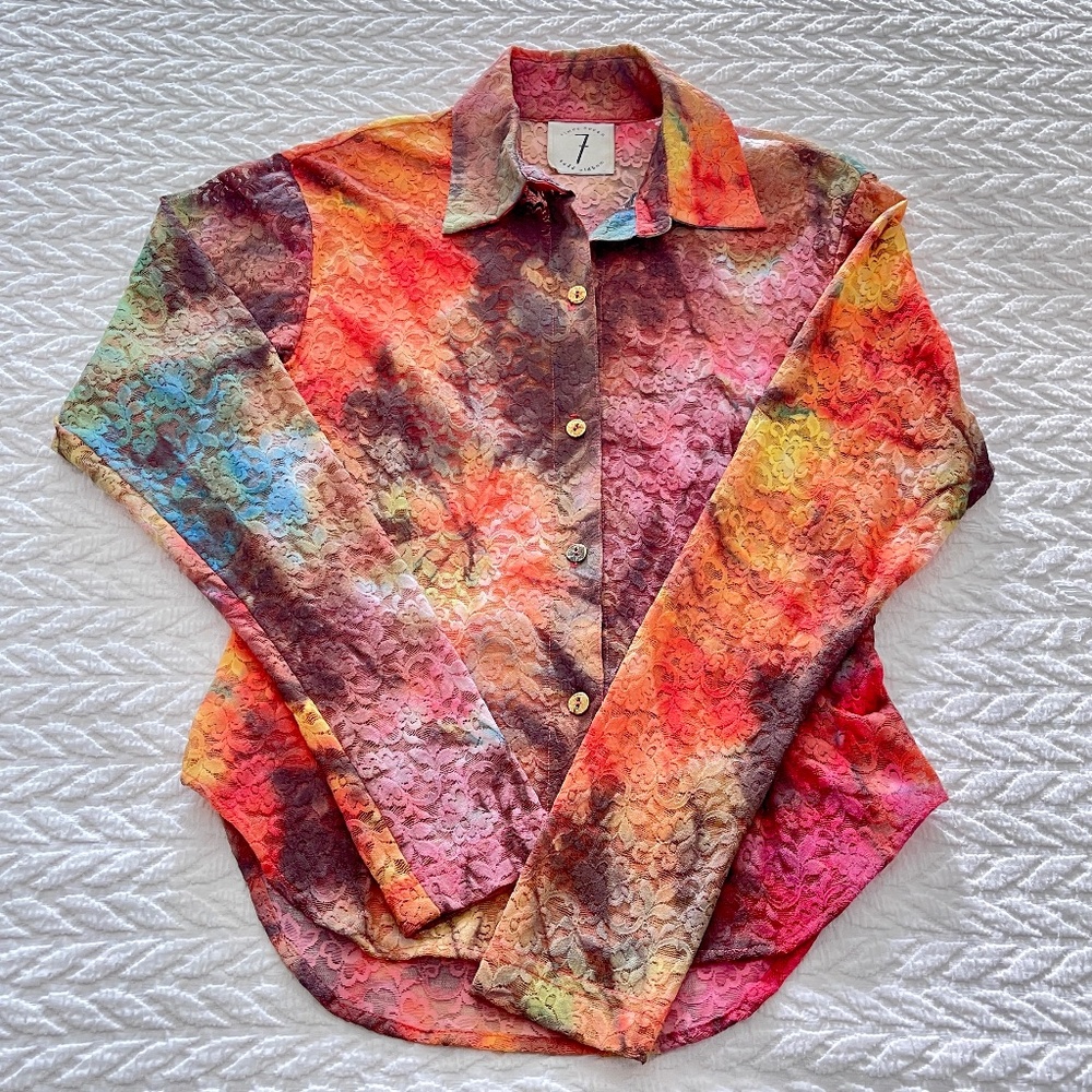 1980s Todd Oldham Times 7 Tie-Died Lace Button Down Shirt